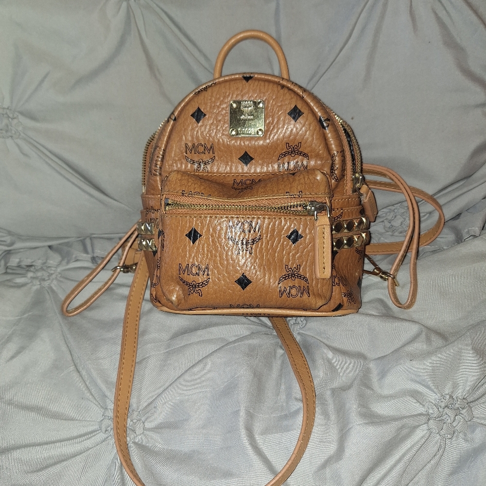 MCM Tan Studded Leather Backpack